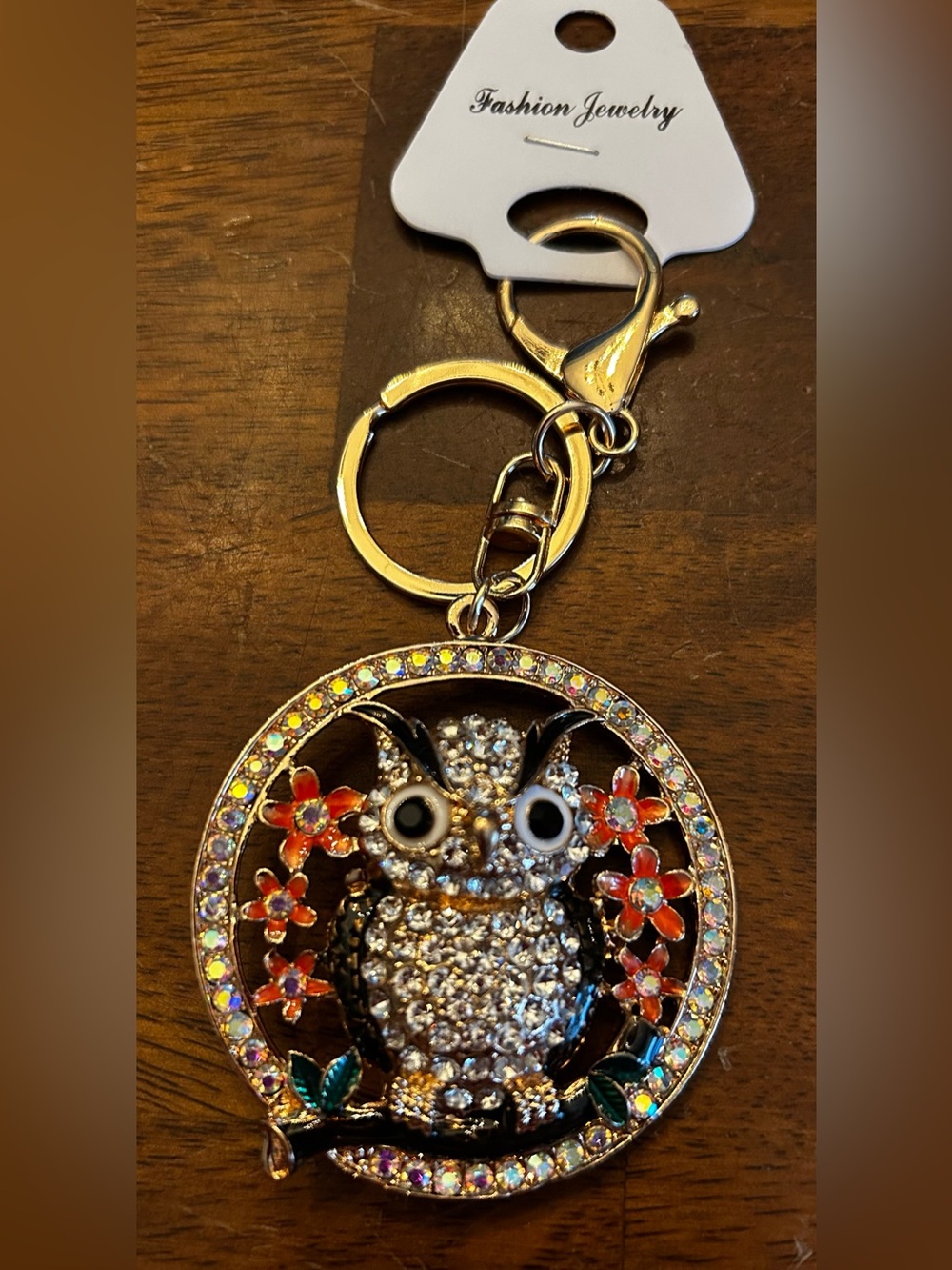 Fashion Jewelry Gold Crystal Owl Keychain Bag Charm w/Pink and Green Accents NWT